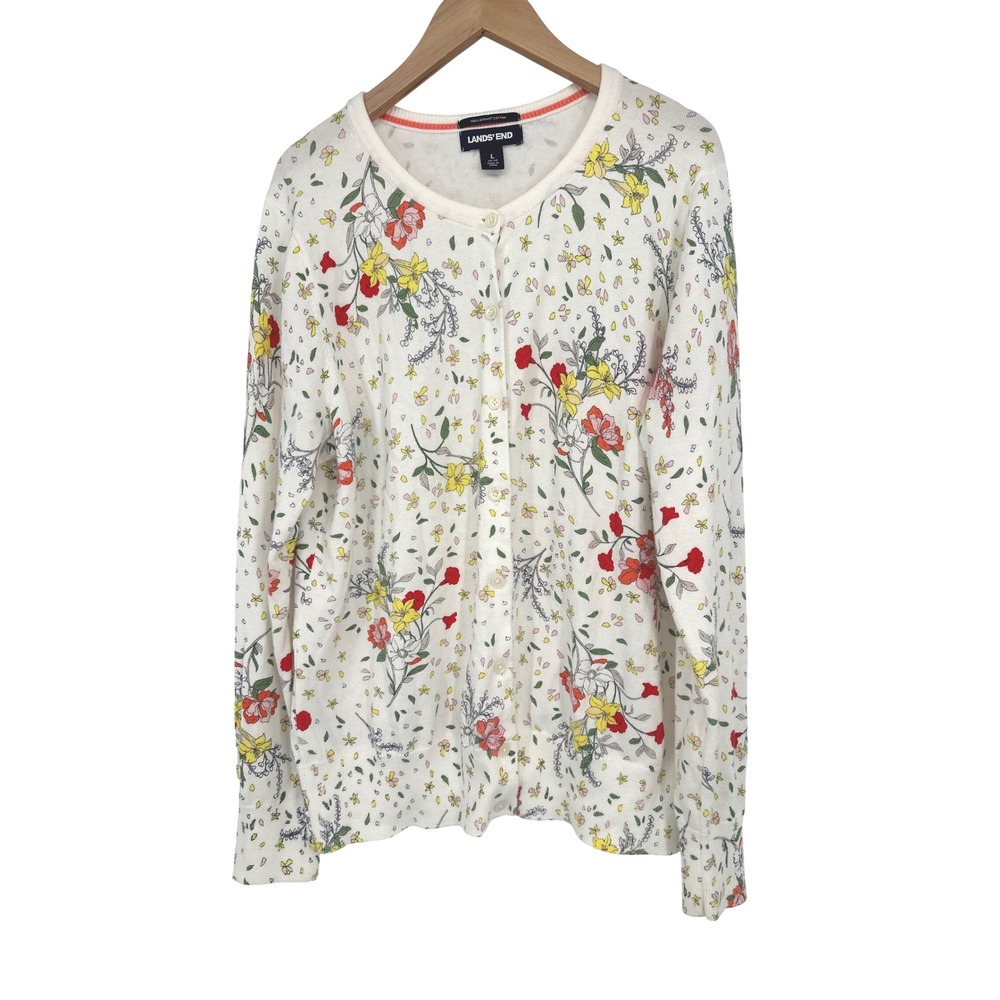 Lands End Cardigan Women L Floral Supima Cotton Cottagecore Coastal Grandmother